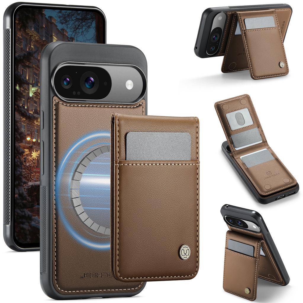 Кожаная задняя крышка для Google Pixel 9 Pro/Google Pixel 9, совместимая с MagSafe, чехол для телефона JEEHOOD J06 с карманом для карт и RFID-блокировкой