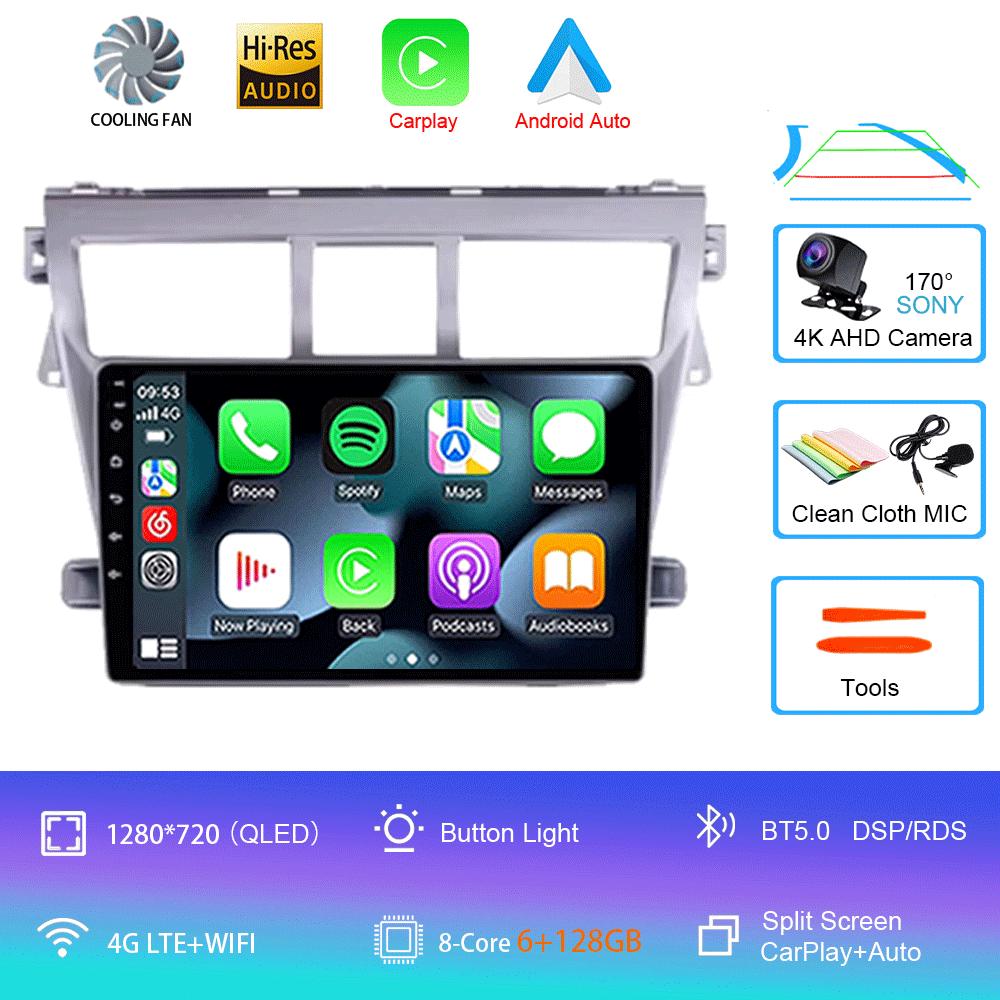 Для Toyota Vios Yaris 2007 2008 - 2012 9-дюймовый автомобильный стерео радио мультимедийный видеоплеер Android 14 Auto Carplay GPS навигация