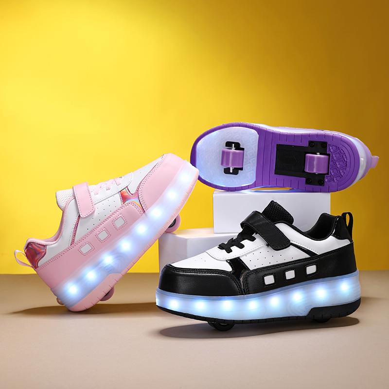 TUINANLE 2 Wheel Roller Shoes Boys and Girls Walking Shoes Can Walk, Slide and Shrink Flashing Lights for Primary School Students