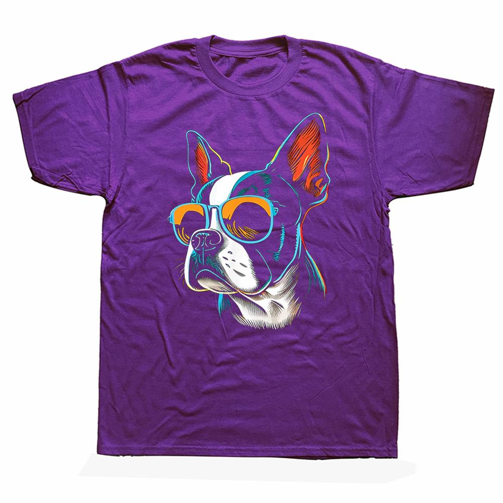 Dad Mom Cool Dog Sunglasses Boston Terrier t-Shirt Men Fashion Vintage Summer Style Cotton Short Sleeve Oversized T-shirt Tops