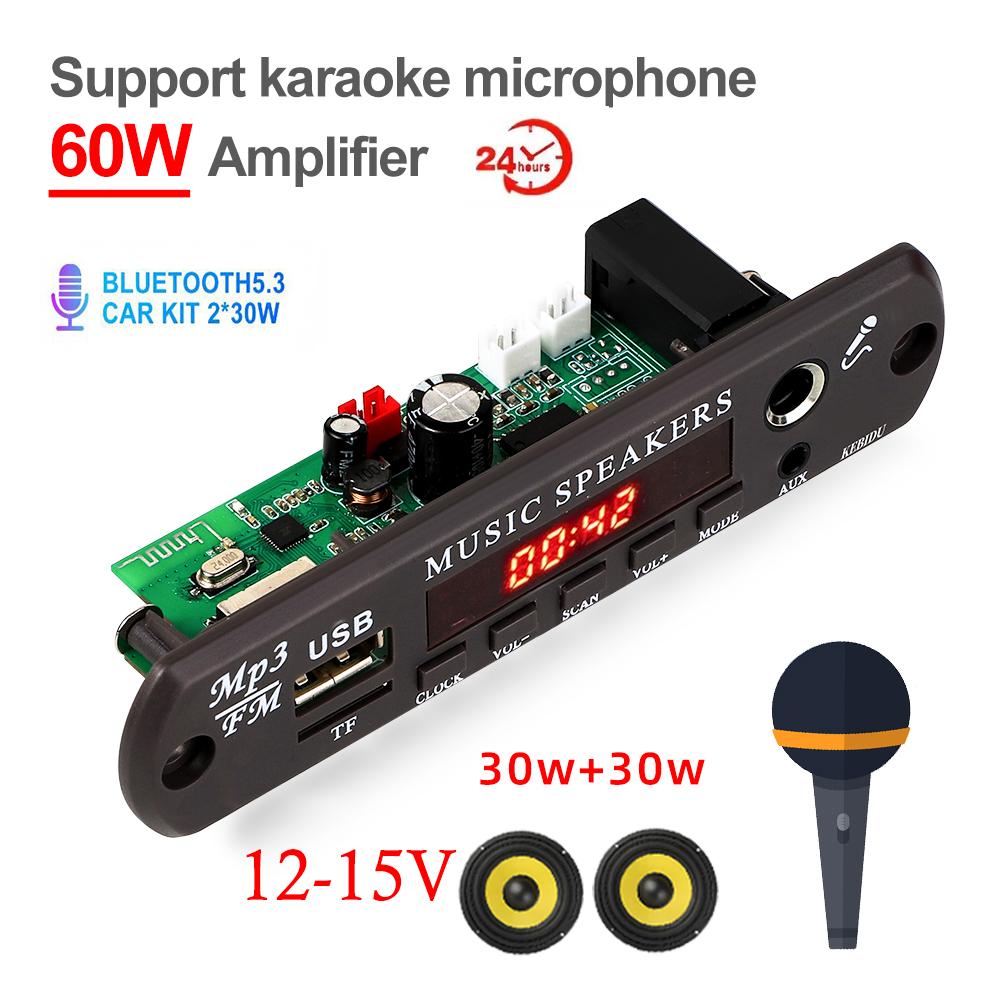 Bluetooth 5.3 Decoding Board MP3 12-15V Decoder Board Clock Time Display Microphone Car FM Radio USB TF Music Player Speaker