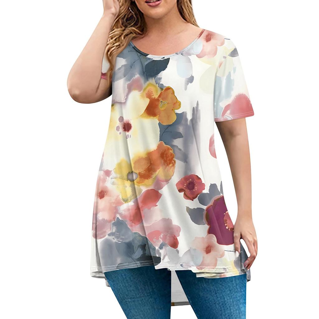 Women's Fashion Large Size Round Neck Short Sleeve Casual Print Loose Pullover Top