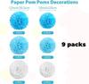 Tissue Paper Pom Poms - Flintronic - Pack of 9 - Wedding Decoration - Reusable - Blue Color