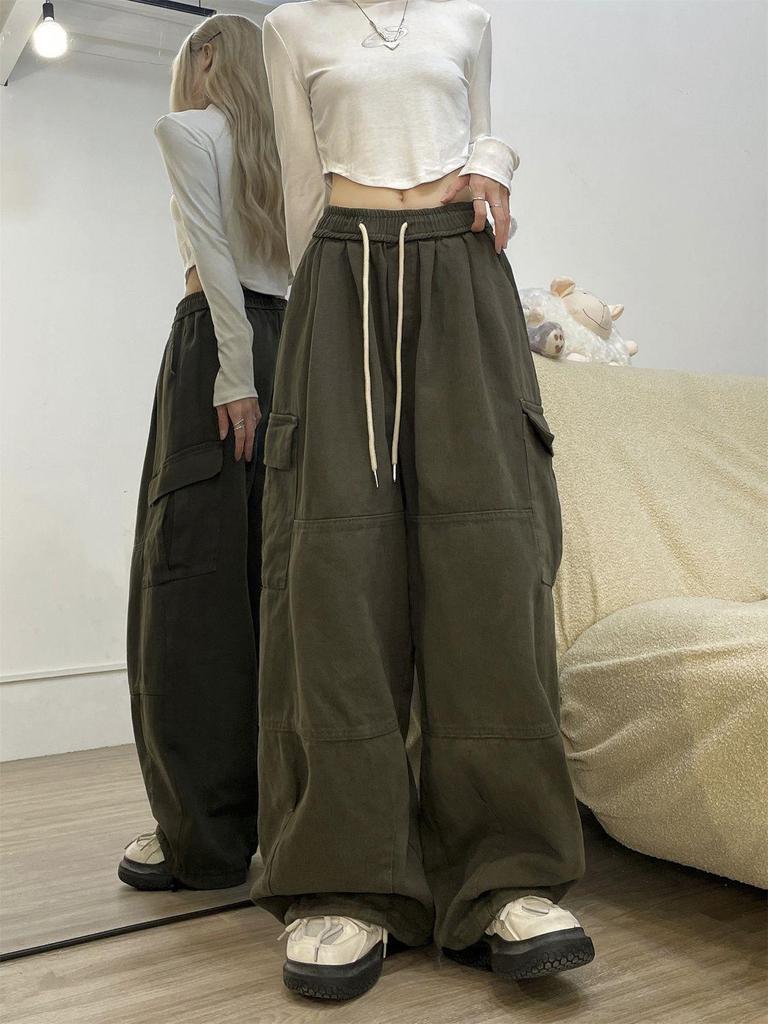 American Spicy Girl Women's Hip Hop Joggers - Spring/Autumn, Loose Fit, Multi-Pocket, Wide Leg, Slimming Casual Pants