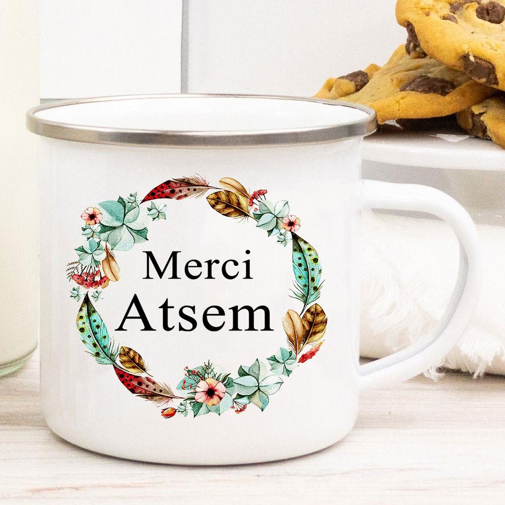 Французский Спасибо Atsem Принт Эмалированные Кружки Креативная Кофейная Кружка Напиток Сок Молоко Чашки Школа Дом Ручка Посуда Подарки Учителю