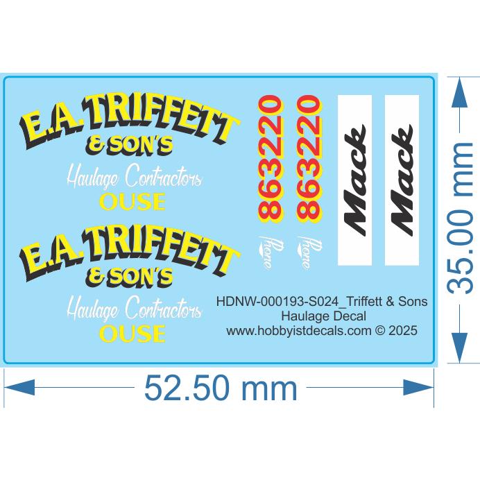 Triffett & Sons Haulage Decal - 1/24 - Water Decal