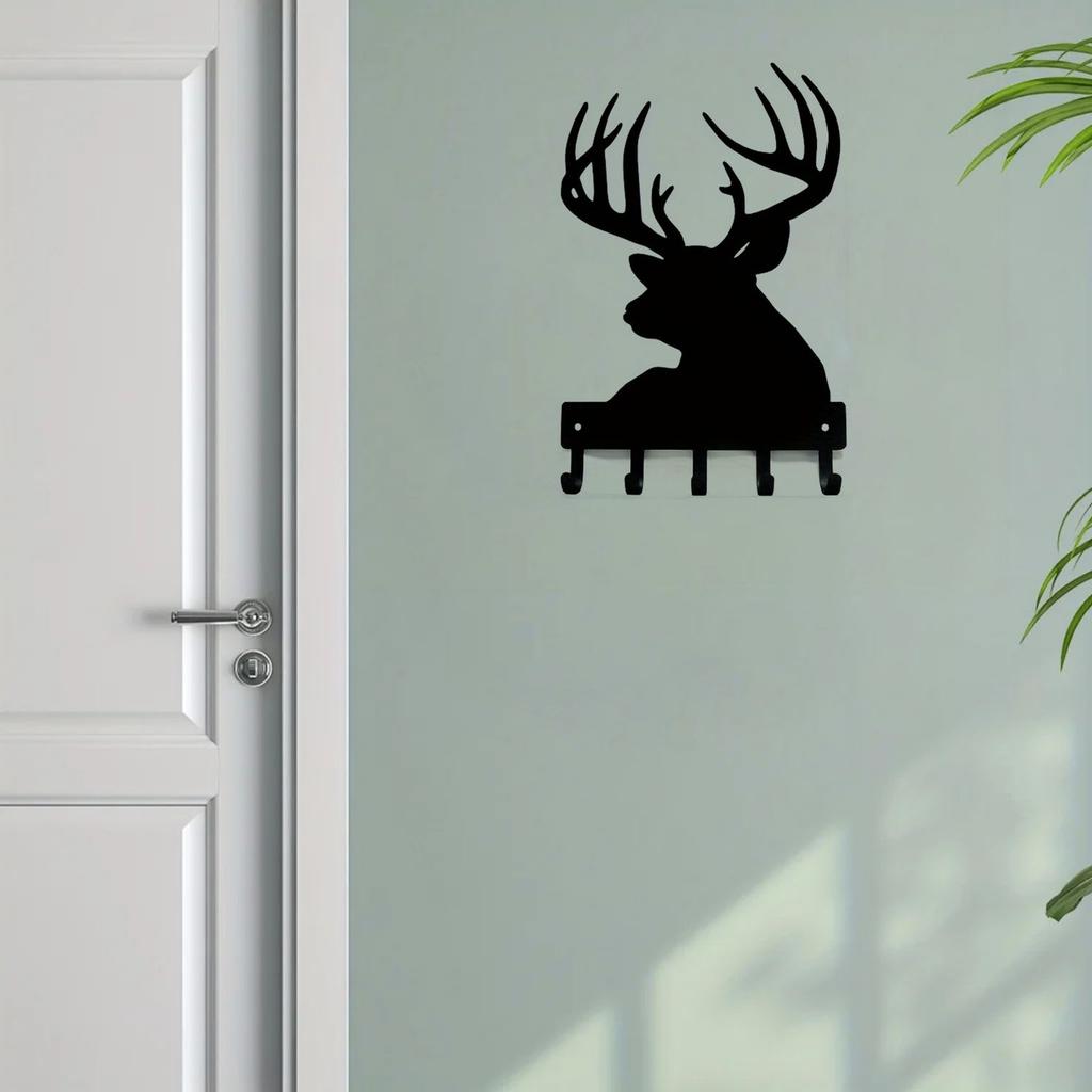 Вешалка для ключей в виде головы оленя - настенное искусство из металла шириной 6/9 дюймов с настенными крючками для хранения ключей и пальто