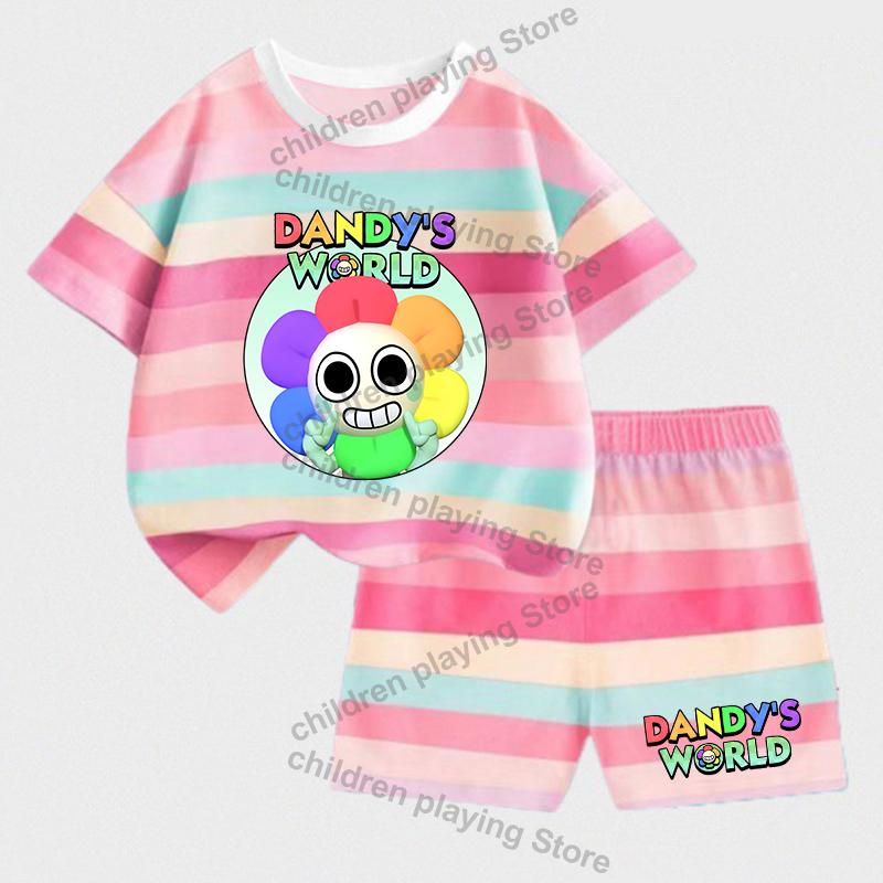 Dandys World Детские полосатые комплекты Летние футболки с шортами для девочек и мальчиков Костюмы с милым принтом Повседневная спортивная одежда Детская одежда для сна Подарки