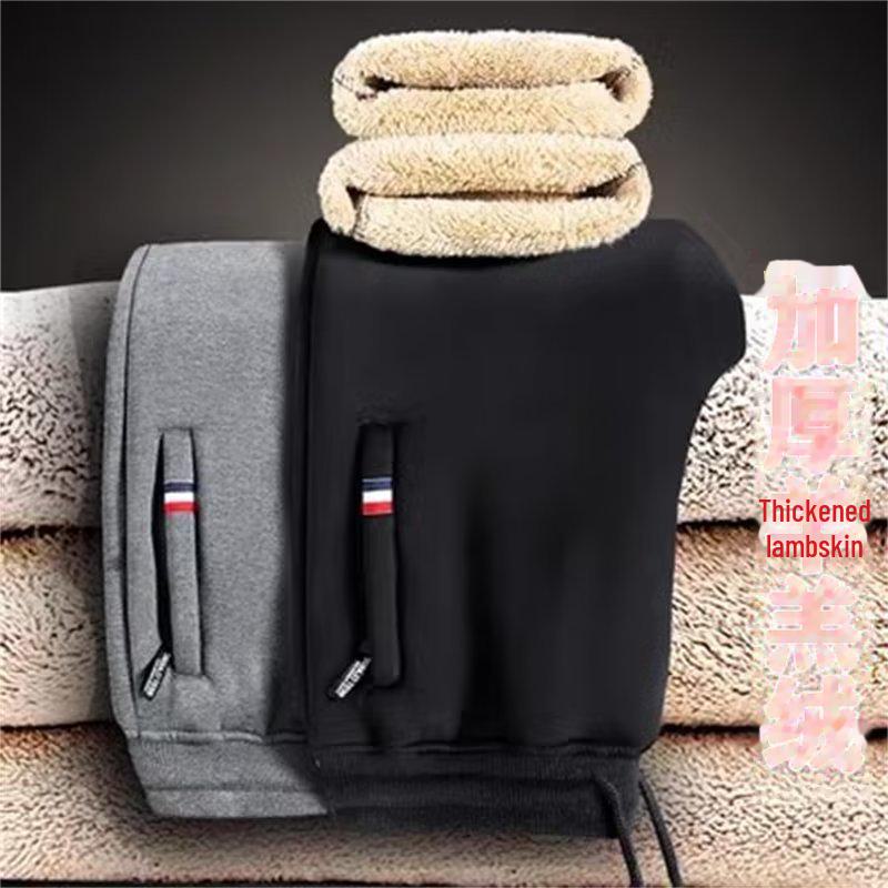 Мужские толстые теплые повседневные брюки из овчины - большие, свободный крой, 3 цвета, с карманом на молнии