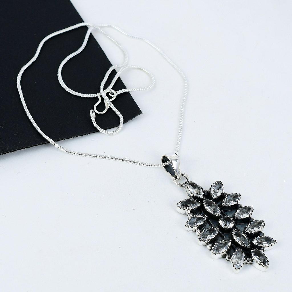White Topaz Gemstone Handmade 925 Sterling Silver Electroform Flower Necklace, White Topaz Silver For Wife Unisex Pendant Gift For Mom