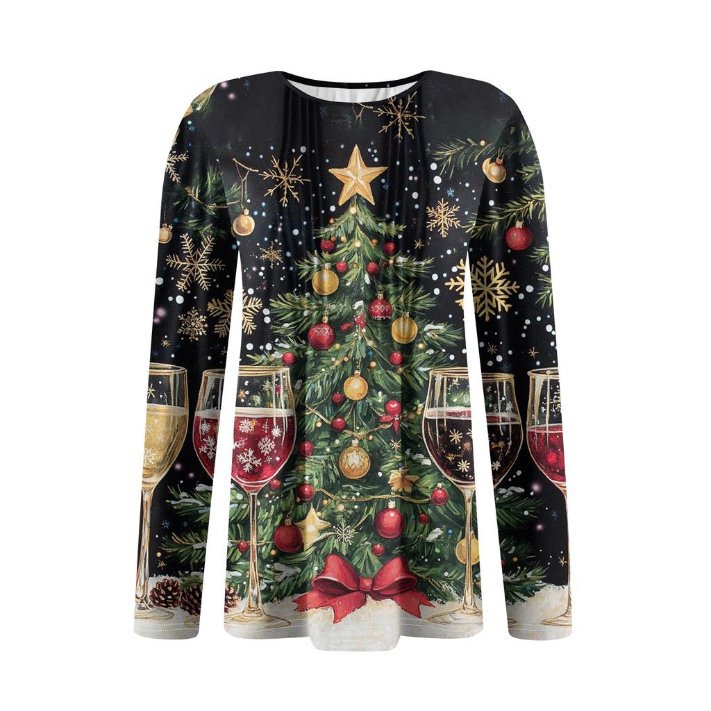 Женская мода Рождественские принтованные платья Осенние повседневные топы Длинные рукава рубашки Свободные пуловеры