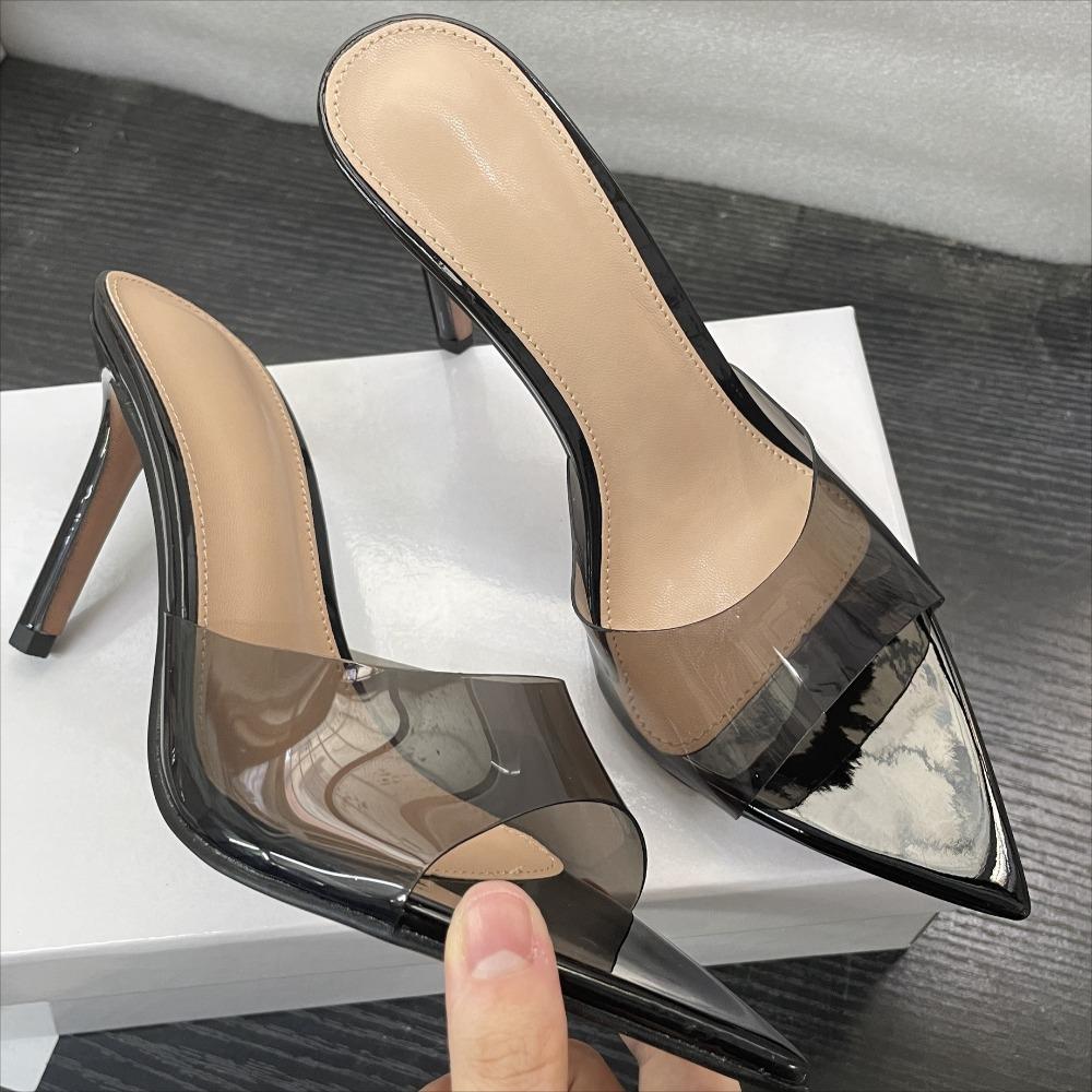 Женские шлепанцы на высоком каблуке для улицы Простые прозрачные шлепанцы Тонкий каблук Остроносые босоножки на высоком каблуке Женские шлепанцы со стразами