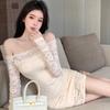 Large Size Slim Skirt Long Sleeve Dress Sexy Lace One-word Shoulder Premium Sense Slightly Fat Hip Bag Dress