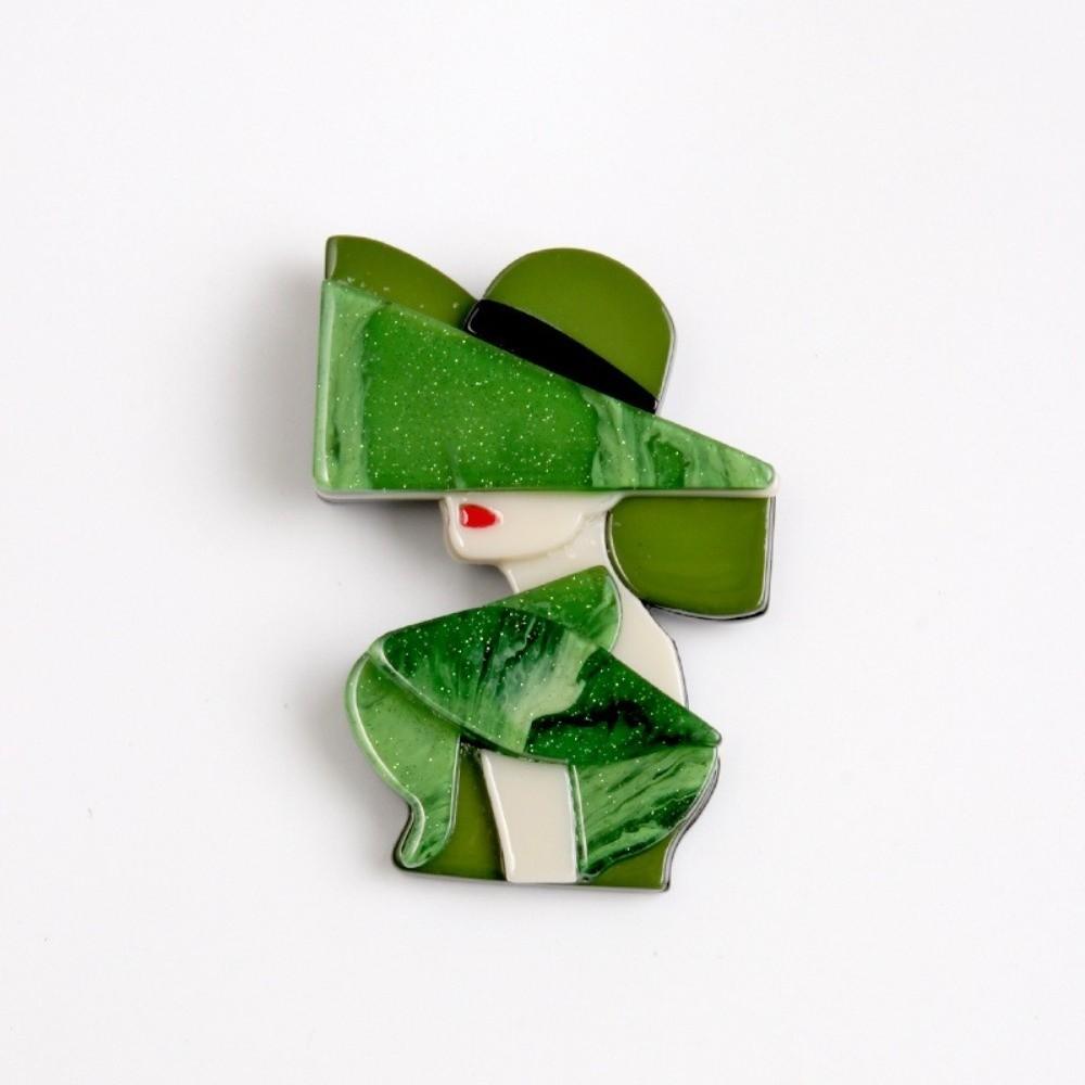 Cartoon Women Portrait Pin Acrylic Girl Badge Retro Lady with Hat Brooch