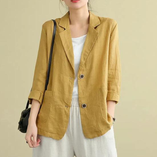 Cotton Linen Coat for Women Vintage Long Sleeve Blazer Jacket Casual Lapel 2 Buttons Thin