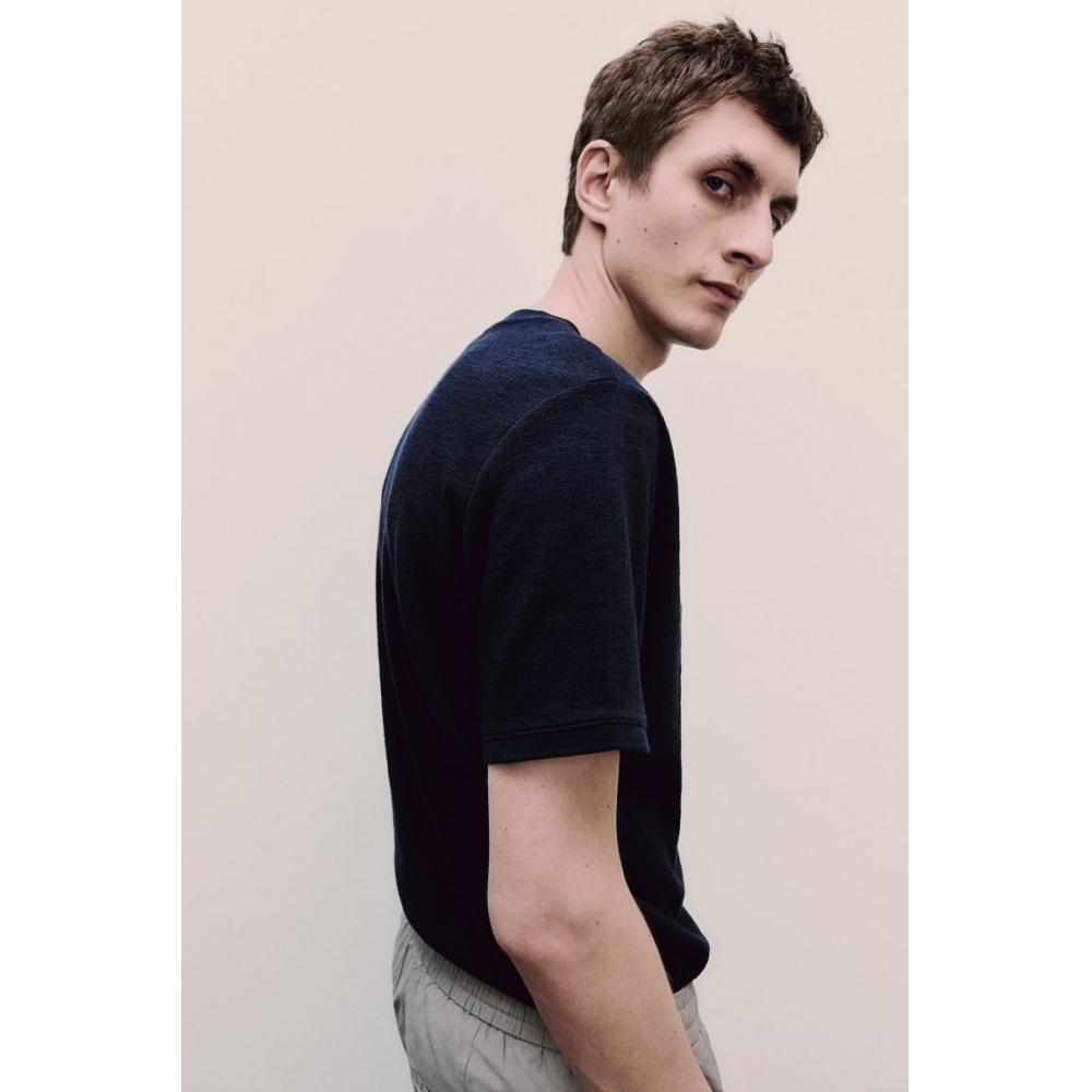 H M Regular FiT TexTured T sHirT Navy Blue