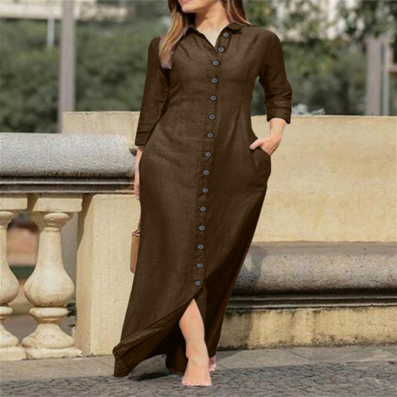Elegant Women's Long Sleeve Cotton Linen Cardigan Dress - 2023 European/American Neutral Style with Turn-Down Collar