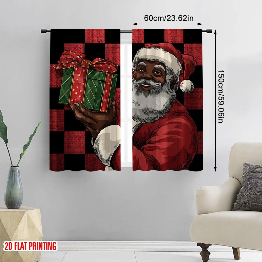 2pcs,2D plane printing Curtains&Window Treatment Black Santa Claus Versatile Polyester Fabric (without rod) Decorations Outdoor