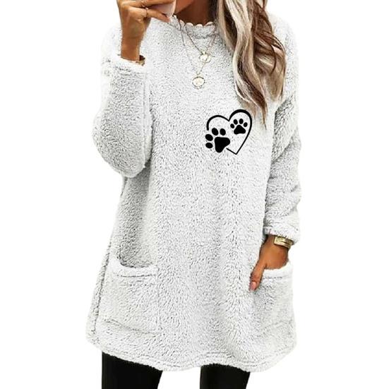 O-Neck Long Sleeves Pockets Mid-Length Winter Sweatshirt Women Loose Fit Embroidery Cat Pattern Fleece Pullover Top