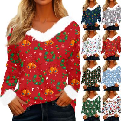 Женский модный повседневный топ с V-образным вырезом и рождественским принтом, с длинным рукавом