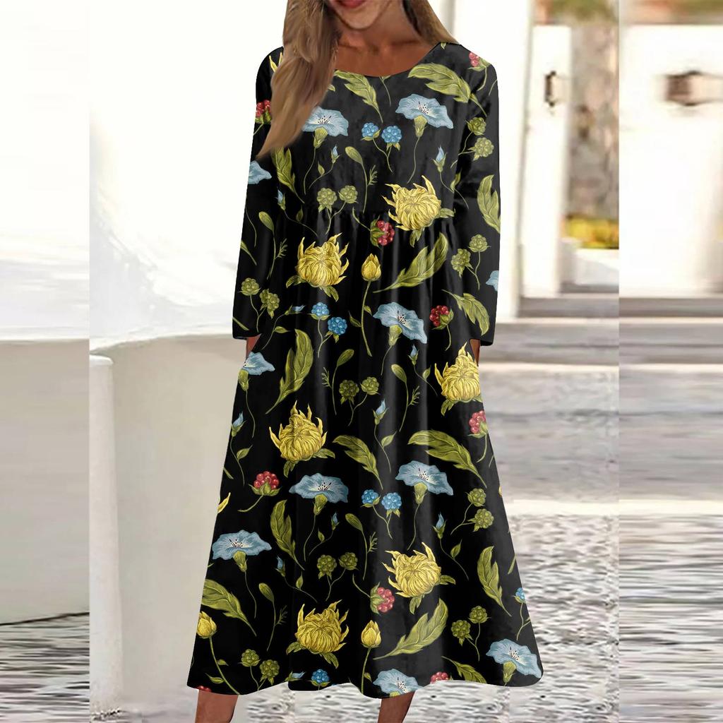 Женское повседневное платье средней длины с круглым вырезом и принтом, платье средней длины с длинными рукавами и карманом