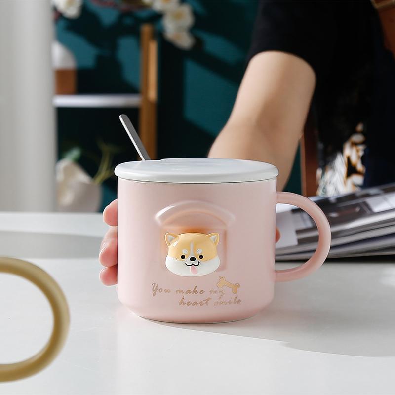 Hi 3D Ceramic Shiba Inu Akita Dog Coffee Mug Fancy Cartoon Animal Tea Cup With Lid And Spoon For Dog Lovers Milk Hot Water Mug