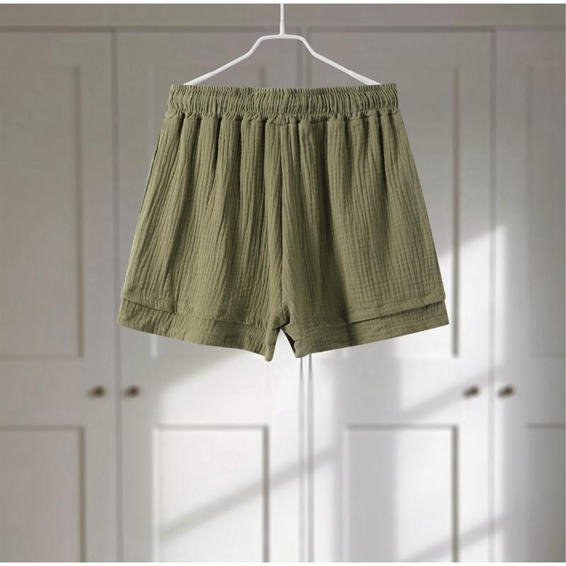 Комплект мятых шорт с широкими штанинами на шнуровке, Мятая ткань, Женский однотонный лонгслив с карманами, Хлопковые шорты, Комплекты из 2 предметов, Повседневный свободный наряд