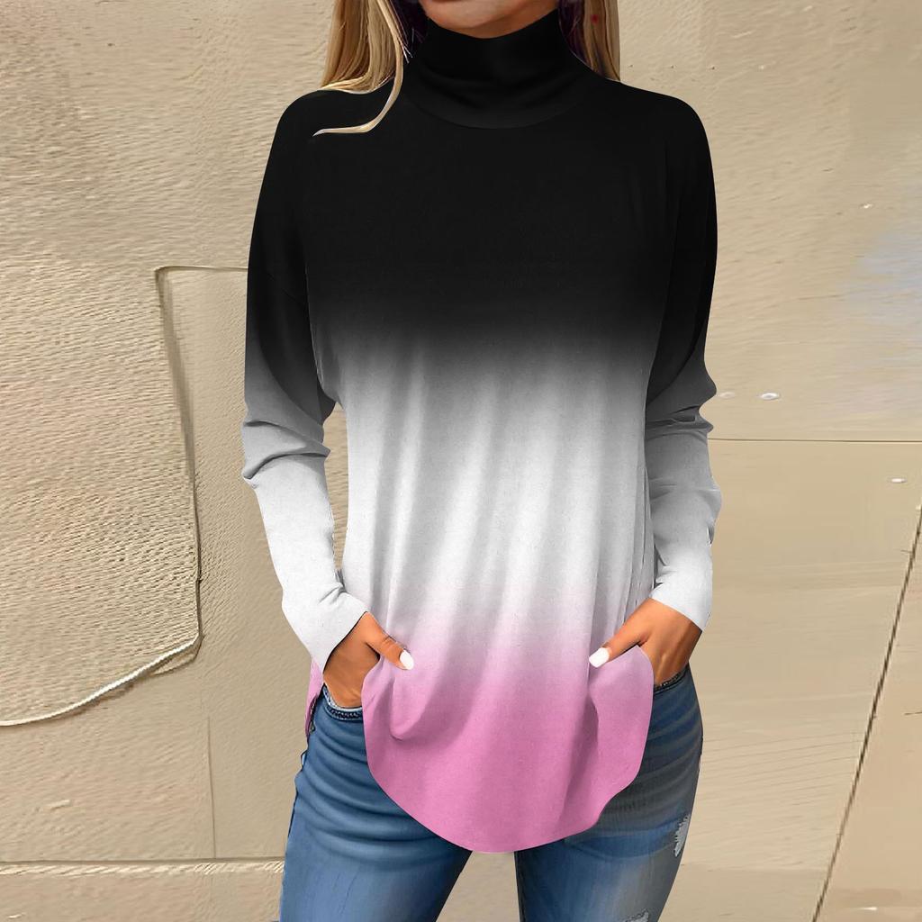 Футболки для женщин, осенние повседневные рубашки с длинными рукавами, толстовка с винтажным принтом, топ с высоким воротом, пуловер