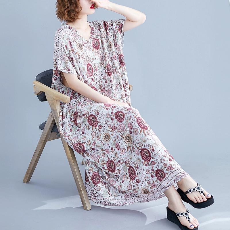Dimanaf 2024 Plus Size Dress Women Summer V-Neck Sundress Bohemian Floral Print Loose Big Oversize Maxi Dress 7015