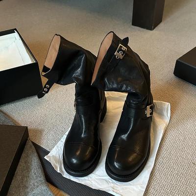 ~ Коллекция средневековых женских осенне-зимних сапог-рыцарей из мягкой коровьей кожи, на толстом каблуке, с круглым носком и средней высотой голенища