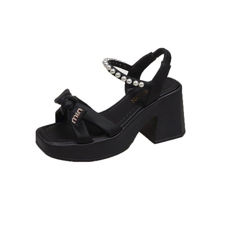 Французские туфли на высоком каблуке, толстый каблук, лето 2025, новые нежные туфли с бантом, жемчужные босоножки на платформе с одним словом и пряжкой, женские