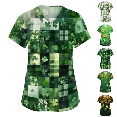 Женская мода с v-образным вырезом, короткими рукавами и карманами, топы с принтом