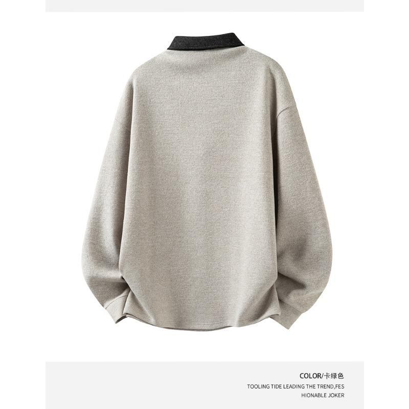 Long Sleeve Polo Shirt Men Loose Fake Two Piece Half Zip Casual Commute Top