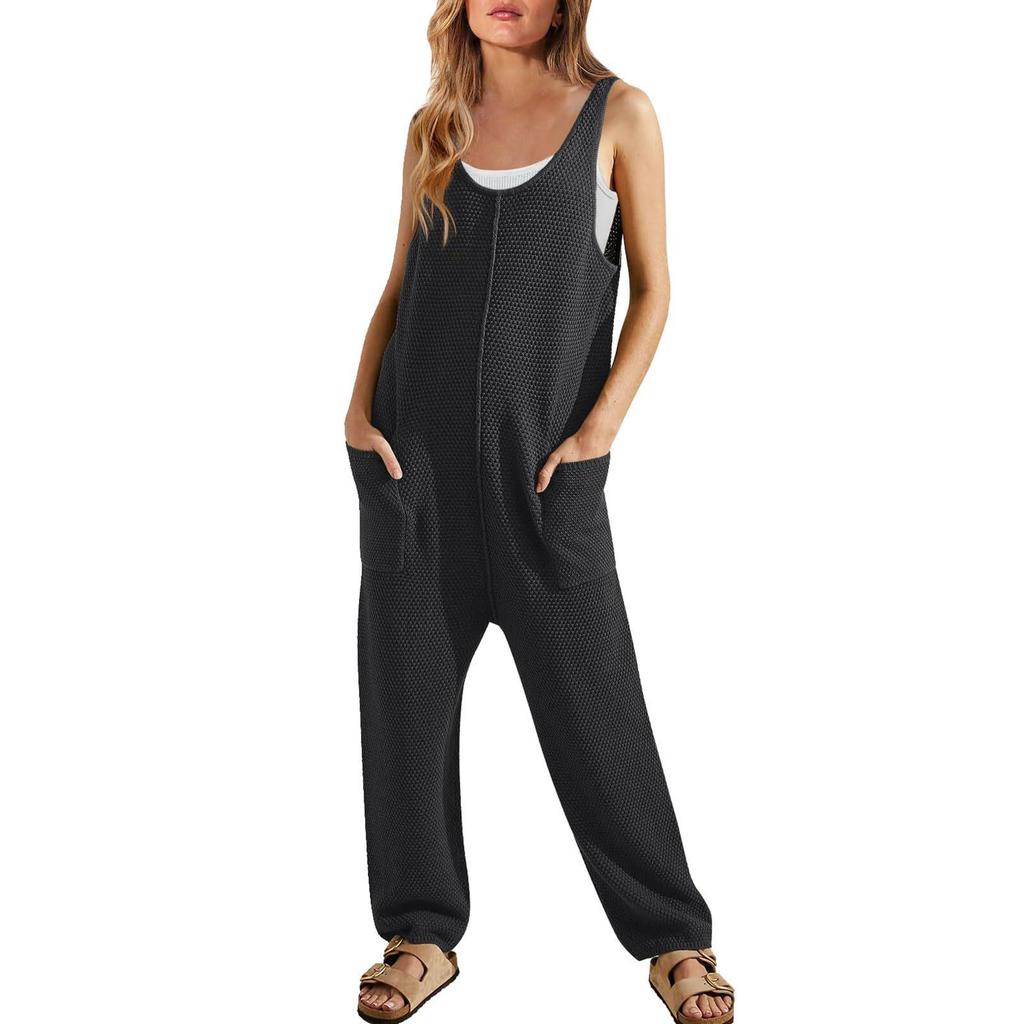 2024 Spring/Summer Women's Sleeveless U-Neck Loose Jumpsuit with Double Pockets