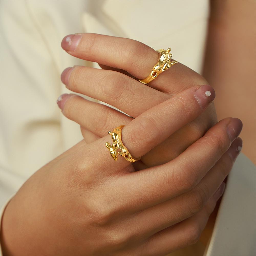 Simple Couple Hip Hop Ring Cartoon Deer Design Open Ring Cute Animal Copper Gold Plated Personality Tail Ring Tide