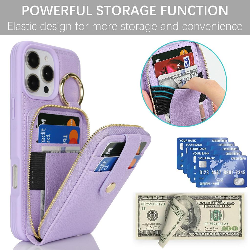 For iPhone 16 Pro Max Case with Zipper Pouch/Ring Kickstand/Strap Litchi Texture PU + TPU Phone Cover