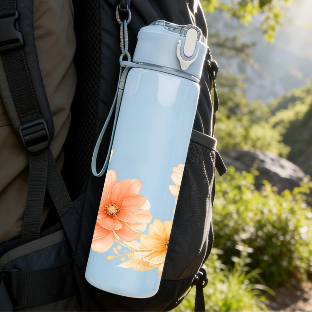 1PC Soft Orange Peony Floral Simple Art 750ml Color Plastic Sports Water Bottle Leakproof Flip Straw Lid Suitable for Sports Office Home Use