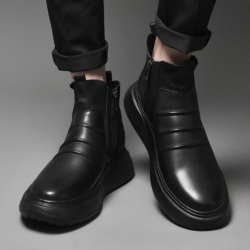 Fashion Brand Classic Black Side Zipper Winter Men's Outdoor Boots Fashion Warm Mid Top Cotton Shoe with Leather Top Layer Cowhide Boots