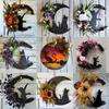 30CM Gothic Wreath Door Decoration Goth Roses Black Cats Garland Front Door Ornament Halloween Signs for Home Party Window Wall