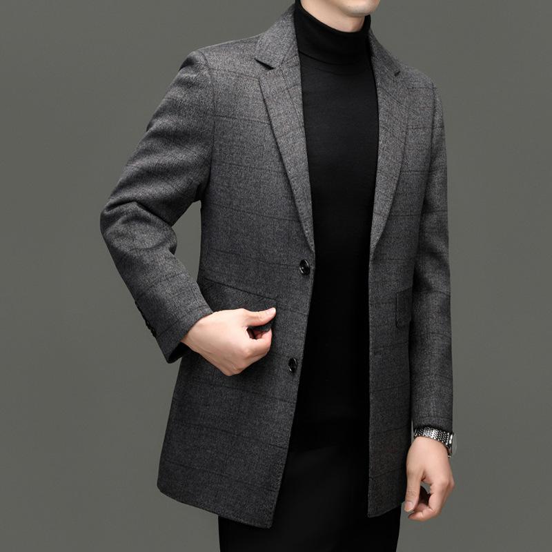 Double-sided Woolen Coat for Men In Winter Thick Suit Collar Plaid Coat Middle-aged Dad Removable Down Liner