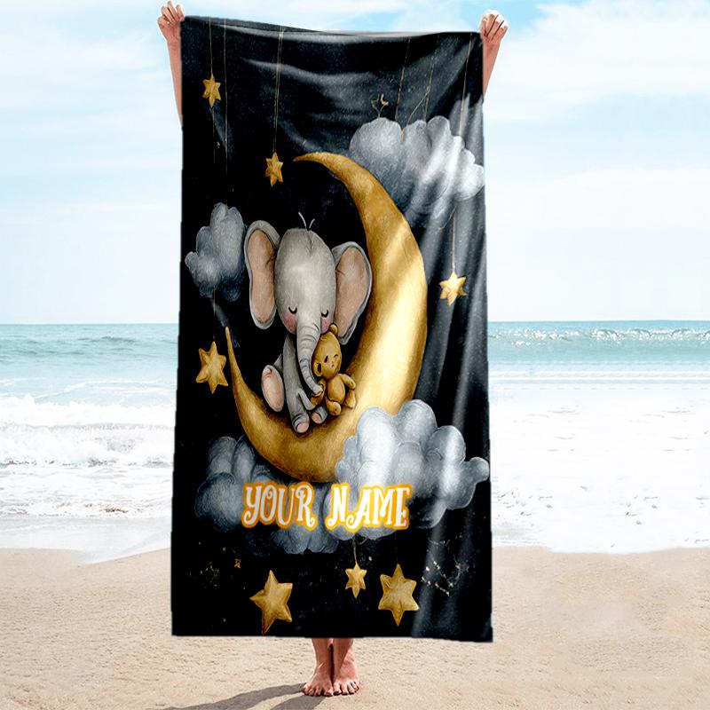 1PC Custom Name Moonlit Elephant Adventure Beach Towel Highly Absorbent And Sand-Resistant Towel for Swimming, Pool, Yoga, And Travel Lightweight