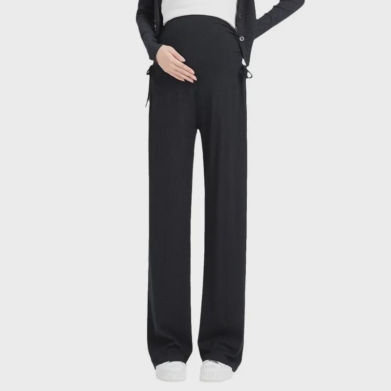 Широкие брюки для беременных 2024 года: Осенне-зимний бархат, завязка на шнурок, прямой крой.