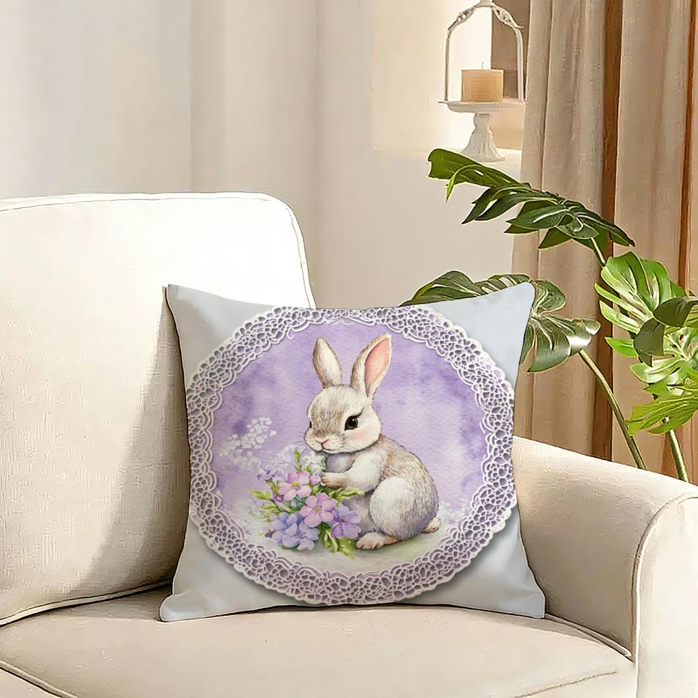 Cute rabbit holding flowers Cushion Cover Reversible Plush Pillow Cover Soft Fluffy Home Decor for Sofa Bedroom