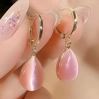 1 пара минималистичных элегантных двусторонних серег с камнем «кошачий глаз» для женщин, металлические серьги-подвески в форме капли золотистого тона, универсальные для повседневной носки и вечеринок