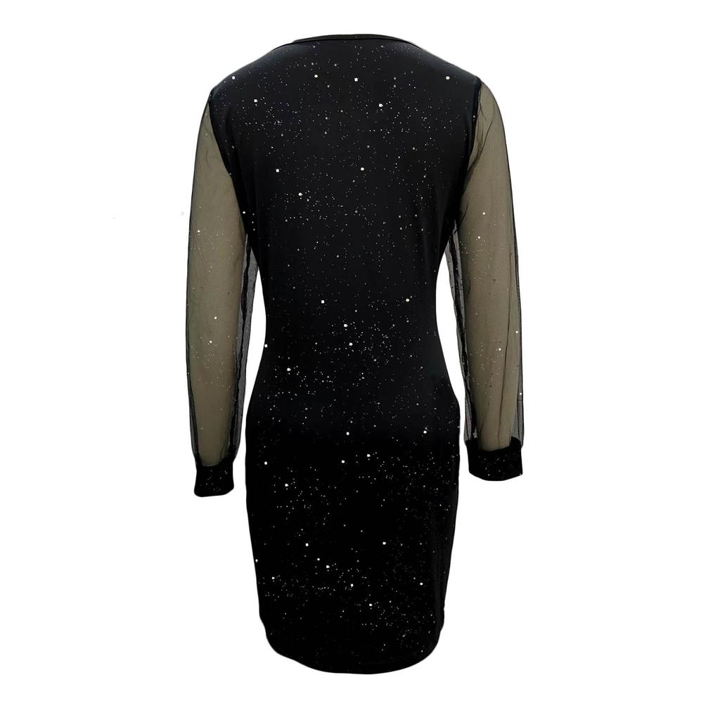 Women's Fashionable Loose Fitting Long Sleeved V-neck Zippered Sequin Mesh Dress Formal Dress