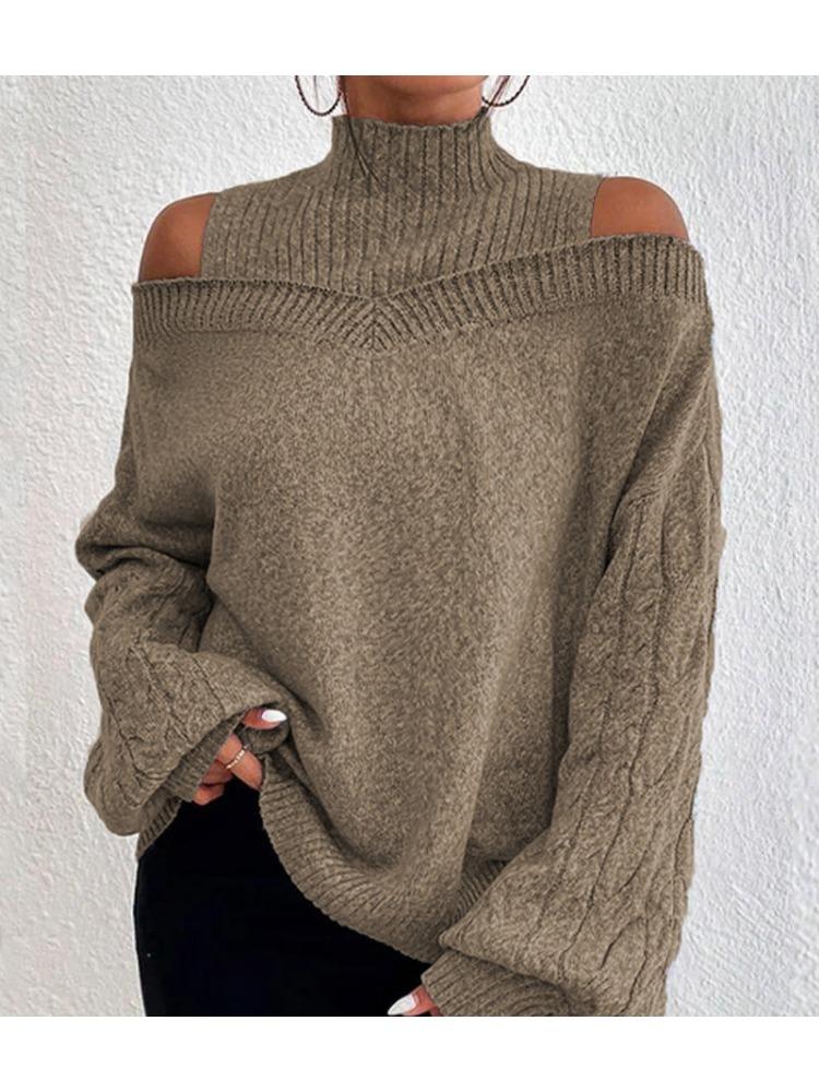 Осенне-зимний свитер с открытыми плечами и полувысоким воротником для женщин, свободный оверсайз трикотаж, роскошный топ облегающего кроя, универсальный