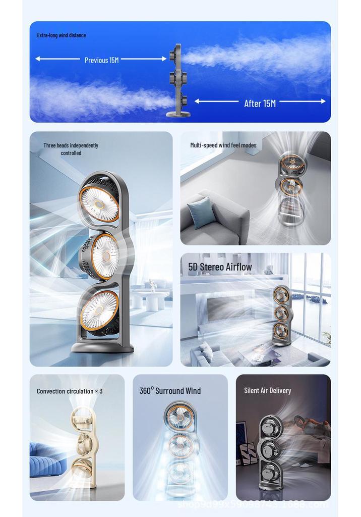 Portable USB Rechargeable Three-Head Timer Fan for Desktop & Outdoor Camping