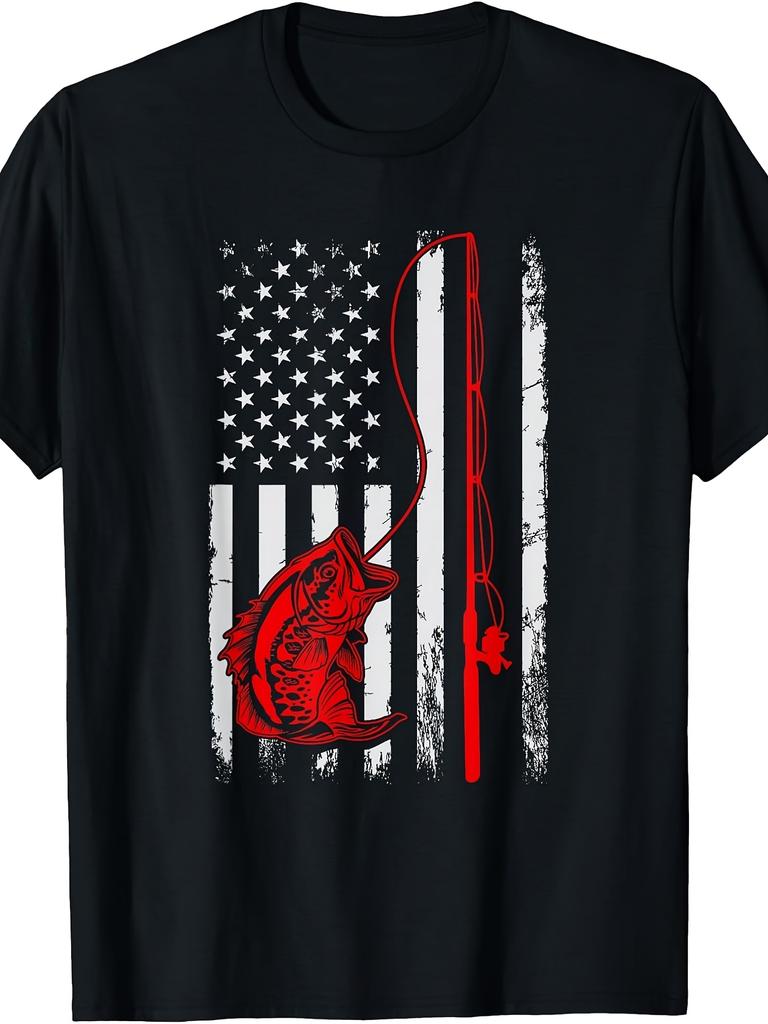 American Flag Fishing Rod Bass Fishing Vintage Fisherman T-Shirt Retro Casual Short-Sleeved T-Shirt with Round Neck And
