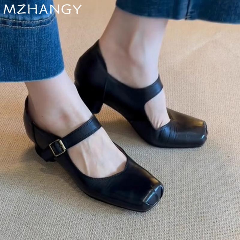 Модная женская обувь Мэри Джейн из кожи, на массивном каблуке средней высоты, с квадратным носком, сандалии, женский тренд 2024, осенние, в стиле ретро, новые туфли-лодочки, Mujer Zapatos