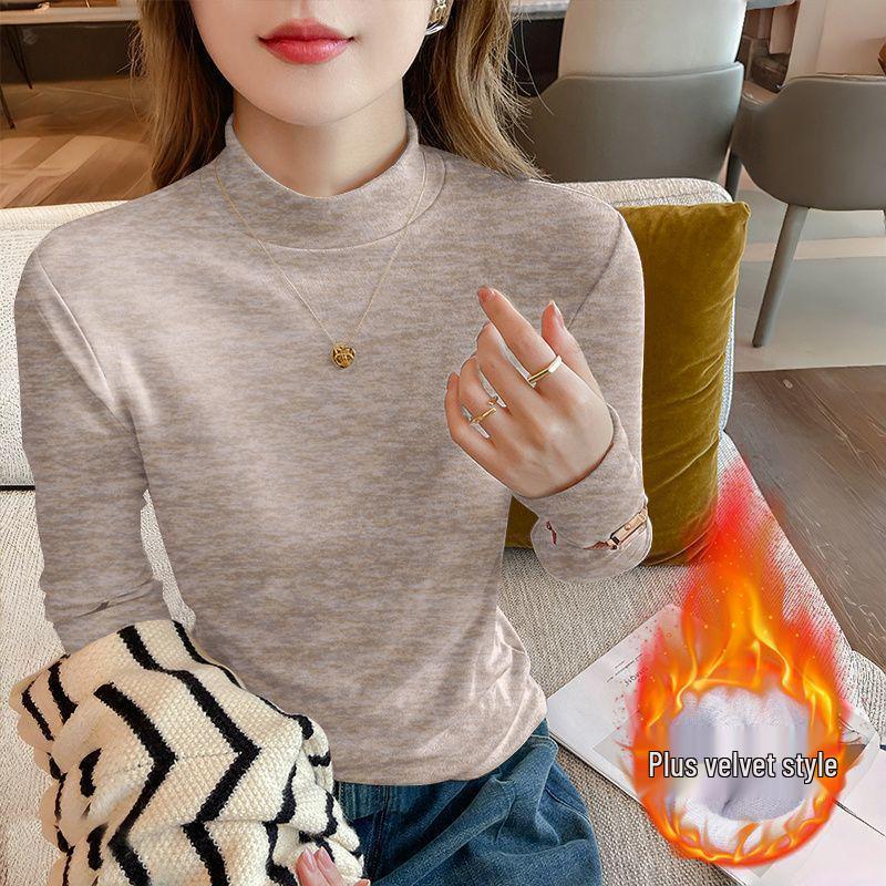 Осень 2025 Большой размер Приталенный Топ-база с длинным рукавом Свободный для женщин с воротником-стойкой